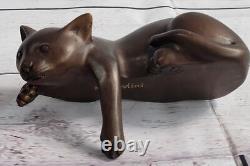 Art Deco Signed Bronze Lion Statue Cubist Figurine Wild Cat Cast Art