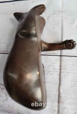 Art Deco Signed Bronze Lion Statue Cubist Figurine Wild Cat Cast Art