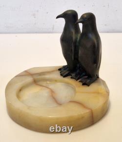 Art Deco Signed Claude (Marcel Guillemard) Bronze Penguins on Marble 1930