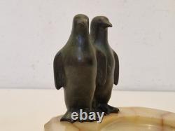 Art Deco Signed Claude (Marcel Guillemard) Bronze Penguins on Marble 1930
