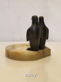 Art Deco Signed Claude (Marcel Guillemard) Bronze Penguins on Marble 1930