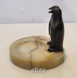Art Deco Signed Claude (Marcel Guillemard) Bronze Penguins on Marble 1930
