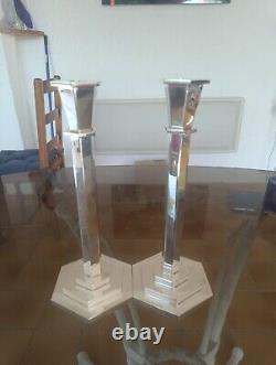 Art Deco Silvered Bronze Silver Metal Candle Holders Very Heavy 5.5 Kg