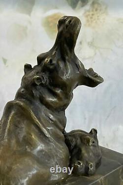 Art Deco Style Hippo Faune Nouveau Bronze Signed Statue Sculpture