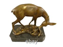 Art Deco Style Sculpture of a Stag with Fawn on Black Marble After Barye