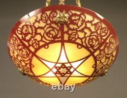 Art Deco Suspension with Bronze, Brass, and Painted Enamel Glass