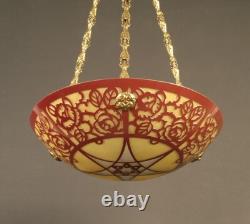 Art Deco Suspension with Bronze, Brass, and Painted Enamel Glass