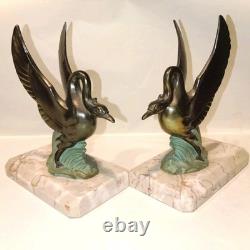 Art Deco Swan Bookends, circa 1930, Metal with Double Patina and Marble Base