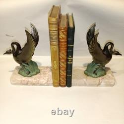 Art Deco Swan Bookends, circa 1930, Metal with Double Patina and Marble Base