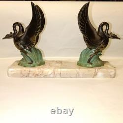 Art Deco Swan Bookends, circa 1930, Metal with Double Patina and Marble Base