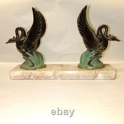 Art Deco Swan Bookends, circa 1930, Metal with Double Patina and Marble Base