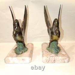 Art Deco Swan Bookends, circa 1930, Metal with Double Patina and Marble Base