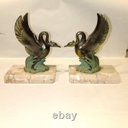 Art Deco Swan Bookends, circa 1930, Metal with Double Patina and Marble Base