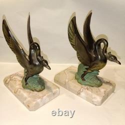 Art Deco Swan Bookends, circa 1930, Metal with Double Patina and Marble Base