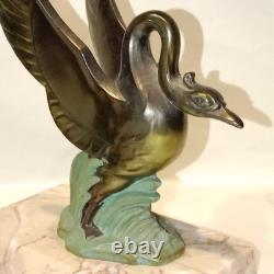 Art Deco Swan Bookends, circa 1930, Metal with Double Patina and Marble Base