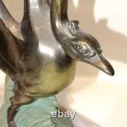 Art Deco Swan Bookends, circa 1930, Metal with Double Patina and Marble Base