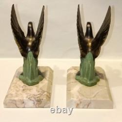 Art Deco Swan Bookends, circa 1930, Metal with Double Patina and Marble Base