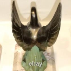 Art Deco Swan Bookends, circa 1930, Metal with Double Patina and Marble Base