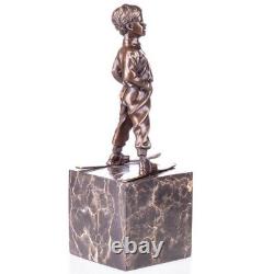 Art Deco bronze figure of boy with skis: 'The Boy Skier' after F. Preiss Vintage