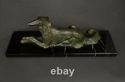 Art Deco bronze greyhound statue on black marble base H5498