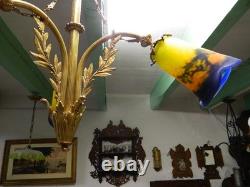Art Deco chandelier, bronze and 3 pâte de verre tulips, signed Noverdi