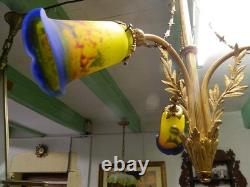 Art Deco chandelier, bronze and 3 pâte de verre tulips, signed Noverdi