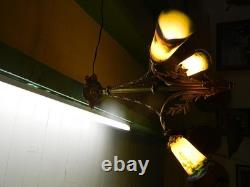 Art Deco chandelier, bronze and 3 pâte de verre tulips, signed Noverdi
