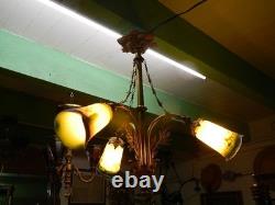 Art Deco chandelier, bronze and 3 pâte de verre tulips, signed Noverdi