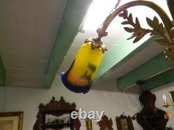 Art Deco chandelier, bronze and 3 pâte de verre tulips, signed Noverdi