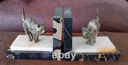 Art Deco marble bookends with silvered bronze cats