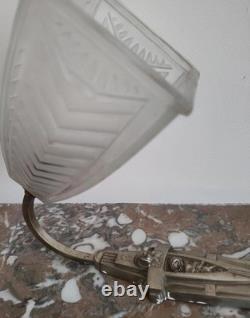 Art Deco wall sconce with silvered bronze mount and molded pressed glass