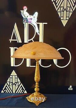 Art Nouveau Art Deco Bronze Lamp Or Laiton Moulded Glass