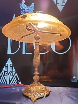 Art Nouveau Art Deco Bronze Lamp Or Laiton Moulded Glass