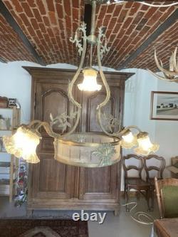 Art Nouveau Bronze Chandelier Elegant Six-Arm Light Chandelier in Bronze
