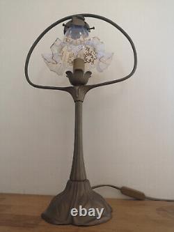 Art Nouveau Bronze Style Lamp. Golden Opalescent Crystal Tulip With Fine Gold