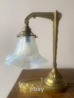 Art Nouveau/Deco Desk Lamp in Chiseled Bronze with Opalescent Tulip, Antique