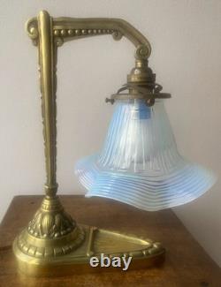 Art Nouveau/Deco Desk Lamp in Chiseled Bronze with Opalescent Tulip, Antique