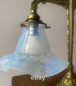 Art Nouveau/Deco Desk Lamp in Chiseled Bronze with Opalescent Tulip, Antique