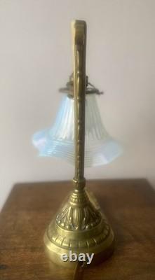 Art Nouveau/Deco Desk Lamp in Chiseled Bronze with Opalescent Tulip, Antique