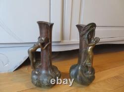 Art Nouveau Superbs 2 vases by Raudery Nymph Art Deco bronze patina regulator