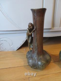 Art Nouveau Superbs 2 vases by Raudery Nymph Art Deco bronze patina regulator