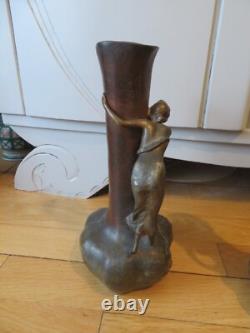 Art Nouveau Superbs 2 vases by Raudery Nymph Art Deco bronze patina regulator