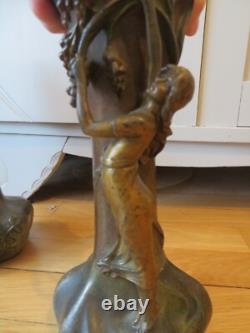 Art Nouveau Superbs 2 vases by Raudery Nymph Art Deco bronze patina regulator