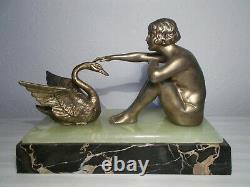 Art Sculpture Deco 1930 To Swan Statuette Woman Naked Bronze Color