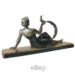 Art-deco Statue In Silvered Bronze Woman With Pheasant Marble Base L = 48 CM