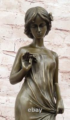 Auguste Moreau Girl Flower Bronze Sculpture Art Deco Marble Base Figurine Gift