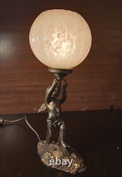 BEAUTIFUL ART DECO LAMP ANGEL EROS PUTTI LOVE CUPID bronze gilt brass