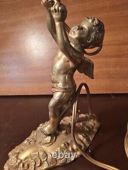 BEAUTIFUL ART DECO LAMP ANGEL EROS PUTTI LOVE CUPID bronze gilt brass