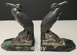 BOOKENDS CORMORANTS art deco signed FRECOURT bronze patina vintage antique