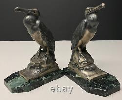 BOOKENDS CORMORANTS art deco signed FRECOURT bronze patina vintage antique